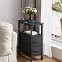 Narrow Side Table for Small Spaces, Skinny End Table with Charging Station, Sofa Beside Table with 2 Fabric Drawers and 1 Open Compartment, Slim Nightstand with USB Ports Outlet, Black UTBT004B
