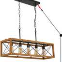 DECOLUCE Pendant Lights Kitchen with Plug in Cord Detachable, 5-Light Farmhouse Dining Room Light Fixture Over Table, Vintage Rectangular Chandeliers for Dining Room Lighting Dcor, Black, 5- light wood
