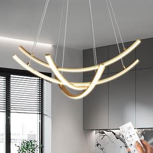 Led Modern Pendant Light with Remote Control, 3 Linear Lights led Chandelier Dimmable Hanging Pendant Lighting for Living Dinning Room Staircase Entry Foyer Restaurant (4-Light Gold)
