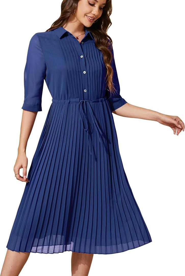 Women V Neck 3/4 Sleeve Pleated A-Line Dress with Belt Swing Midi Dresses for Spring Summer Autumn, L