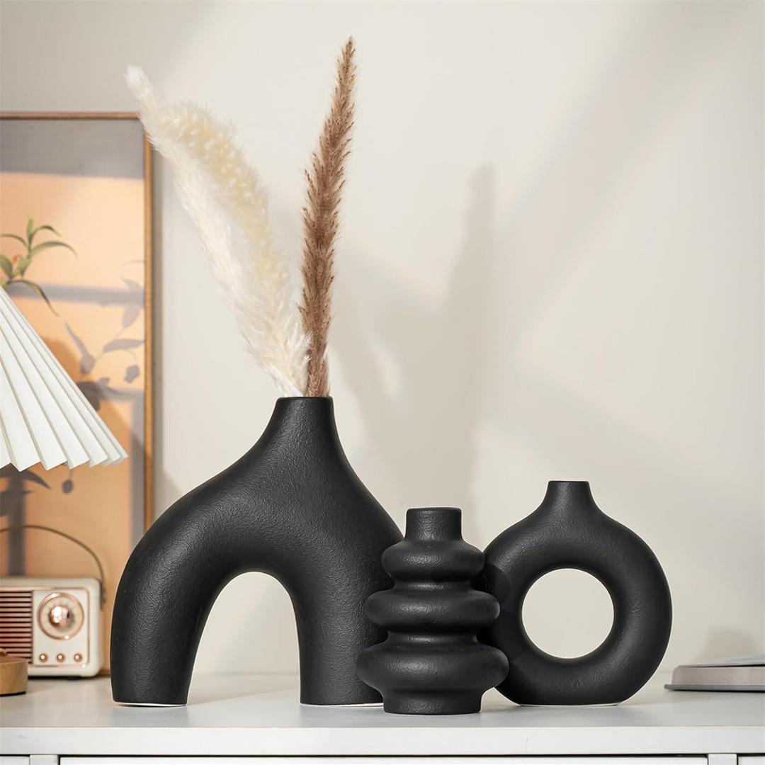 White Ceramic Vases Set of 3, Minimalist Nordic Modern Style, Round Donut Vase for Dried Flowers, Pampas Grass & Fresh Blooms,Boho Home Decor for Table Shelf Living Room Office (Black)