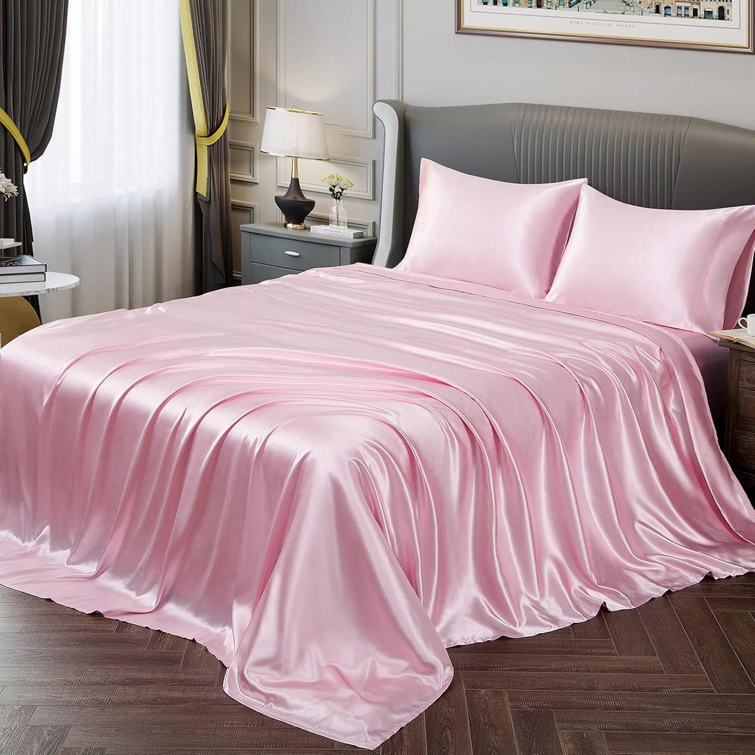 Vonty Satin Sheets Full Size Silky Soft Satin Bed Sheets Pink Sheet Set, 1 Deep Pocket Fitted Sheet + 1 Flat Sheet + 2 Pillowcases