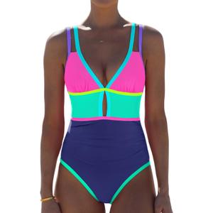 Popvil Women One Piece Swimsuit 2026 Tummy Control Sexy Cutout Neon Color Block Bathing Suit Slimming Adjustable Swimwear (Medium, Purple&navy)