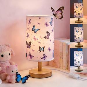 Butterfly Kids Table Lamp for Bedroom Girls Bedside Lamps 3 Colors Wooden Nightstand Night Light with Cartoon Lampshade Desk Lamp for Boys Girls Room Nursery Decor,Butterfly Decoration Gifts for Girl