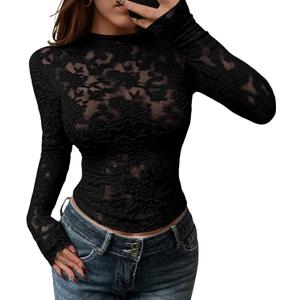 BTFBM Mesh Long Sleeve Tops for Women Lace Sexy Sheer See Through Crew Neck Tight Shirt Fall 2025 Party Club Outfits (XS, Black)