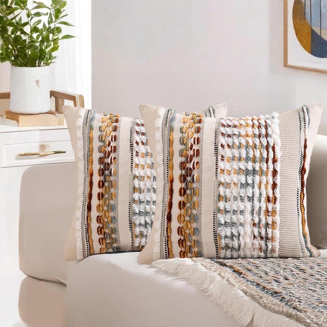 Emvency Boho Throw Pillow Covers 18x18 Inches Set of 2, Orange and White Chenille Tufted Farmhouse Striped Chic Modern Art Square Decorative Couch Pillowcases for Home Decor Bedroom Sofa Living Room