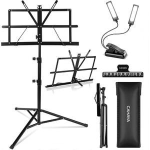 CAHAYA Dual-Use Reinforced Folding Sheet Music Stand with Stand Light & Desktop Book Stand Lightweight Portable Adjustable with Carrying Bag Including Music Sheet Clip Holder (Black)