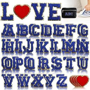 56Pcs Chenille Letter Iron on Patches,Sew On Preppy Letter Patches A-Z Alphabet Stickers for Clothing Backpacks Embroidered Applique Initial Patch Blue 2.2 inch
