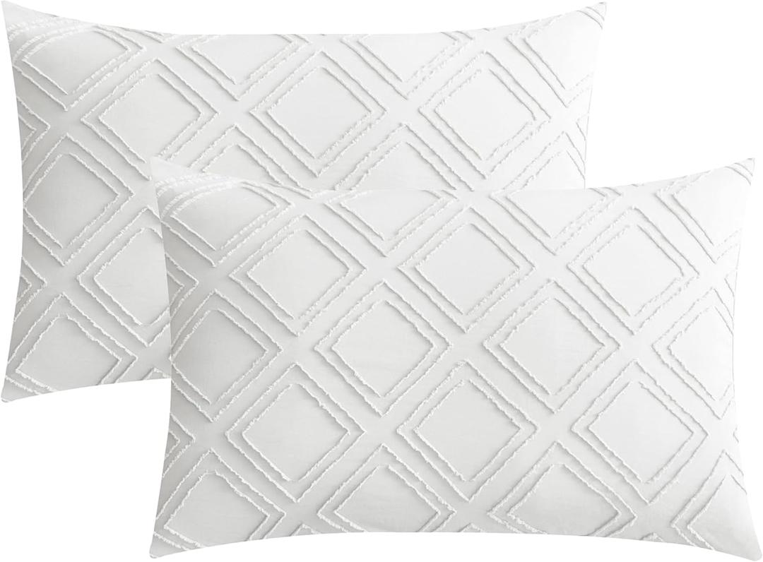 JELLYMONI Pillowcases King Size White 2 Pack Boho Plaid Bed Pillow Covers 20x36in Polyester Envelope Pillow Shams Tufted Bohemian Textured (Pillows are not Included) (04 - White - Grid)
