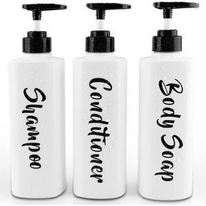 16.9oz Shampoo and Conditioner Dispenser Set of 3-Printed Shower Soap Dispenser Plastic Shampoo Bottles Refillable with Pump - Shampoo Conditioner Body Wash Dispenser for Bathroom Shower Wall (White)