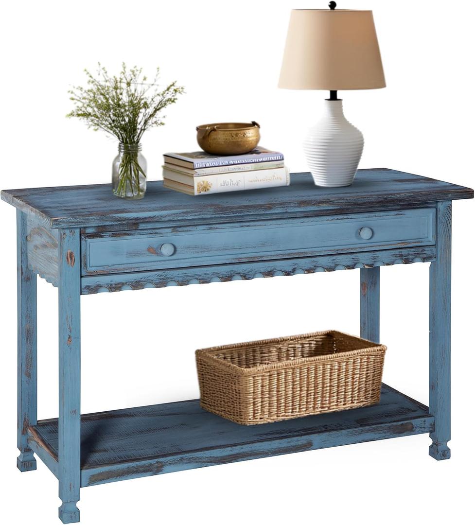 Alaterre Furniture Rustic Cottage Media Console Table, Antique Blue with 1 Drawer and 1 Shelf, Hardwood Construction, Ideal for Living Room or Entryway, 42" x 16" x 28"