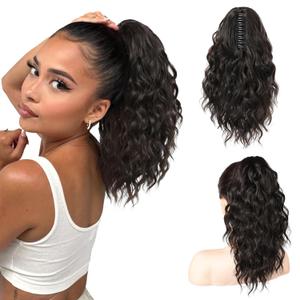 SEIKEA 14" Ponytail Extension Claw, PT002 Tia Long Multi Layered Fluffy Thick Wavy Jaw Clip in Fake Pony Tails Fake Hair Soft Natural Synthetic Hairpiece Black Brown