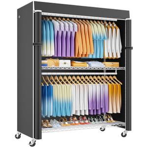 ULIFHOME P8C Max Heavy Duty Clothes Rack（With Extended Width Design） Rolling Clothing Racks for Hanging Clothes with Lockable Wheels，51.2"W x 15.8"D x 80.5"H，Load 800LBS，White Rack with Black Cover