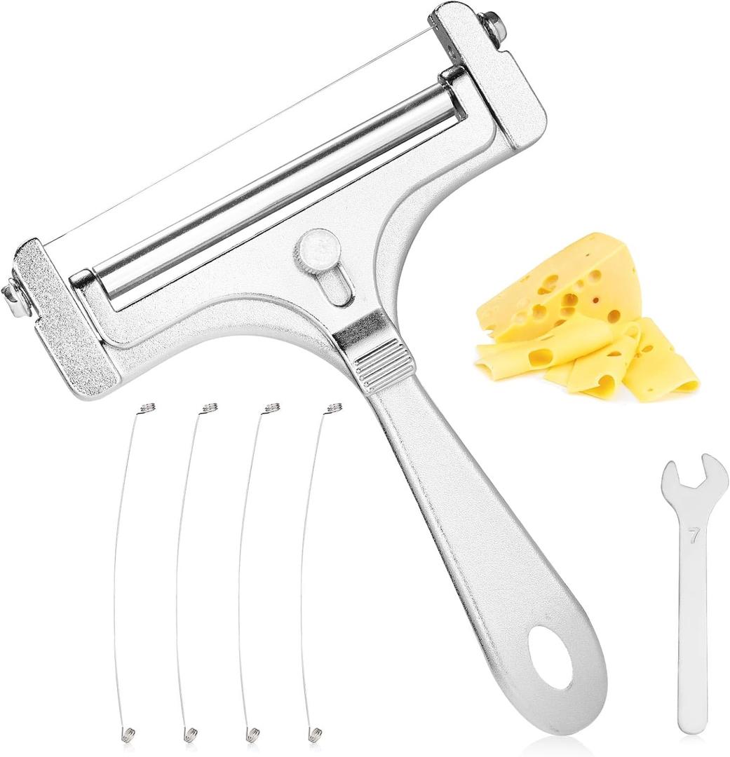2 x Cheese Slicer Kit, Adjustable Thickness Iron Handheld Cheese Slicer with 4 Extra Wires & Wrench Food Shaver Cutter for Butter Cheddar Mozzarella (Frosted Silver) (Matte color)
