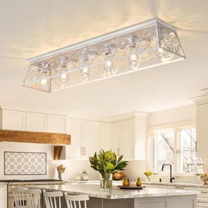 Garwarm 45.27" Modern Ceiling Light,6 Lights Dining Room Light Fixture,Modern Rectangle Chandelier, Kitchen Lighting Fixtures Ceiling Mount for Living Room Kitchen Island Bar, White 