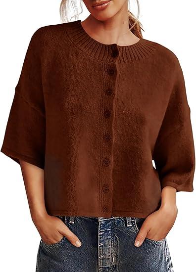 Saodimallsu Womens 3/4 Sleeve Cardigan Sweaters Button Down Crewneck Knit Cropped Tops Casual Fall Outerwear, S