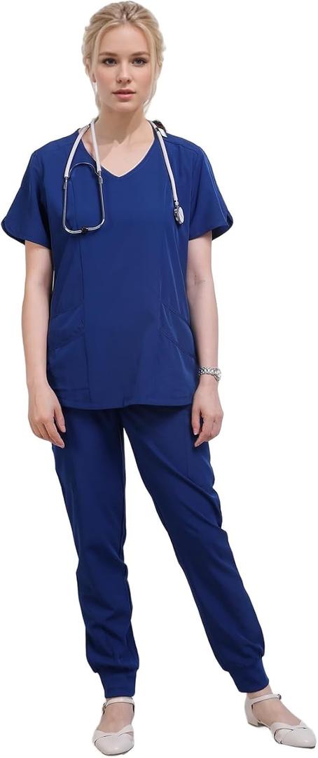 Town Scrubs for Women Scrub Set - Jogger Pant and Comfort Stretch V-Neck Easy Care Uniforms (Blue, S)