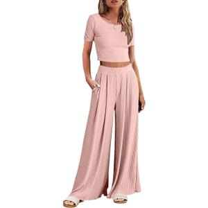 Ekouaer Women's 2 Piece Lounge Sets Short Sleeve Pajama Set Ribbed Knit Crop Top Wide Leg Pants Loungewear S-XXL (Medium, Light Pink)