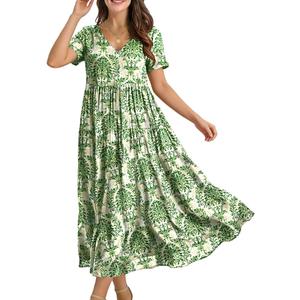 YESNO Women's Summer Maxi Dresses Casual Floral Short Sleeve V Neck Boho Beach Vacation Swing Dress with Pockets EVF, L