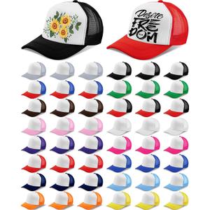 48 Pcs Sublimation Trucker Hat Bulk Unisex Blank Mesh Baseball Caps with 16 Colors DIY Adjustable Plain Polyester Colored Summer Trucker Caps for Men Women Embroidery Printing Outdoor Sports
