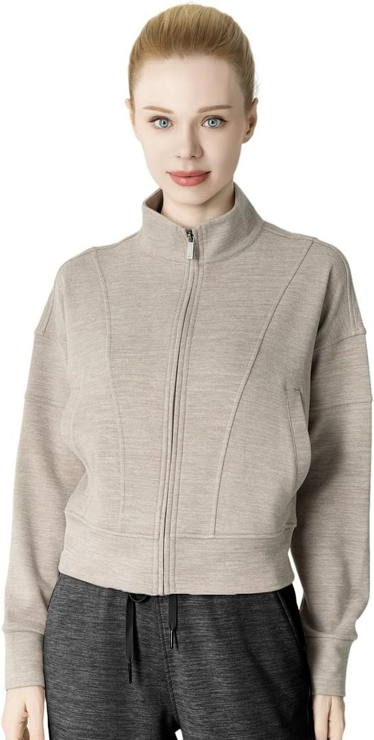 Women's Fleeced Performance Jacket - Full-Zip Stand-Up Collar, Warm Fleece for Winter Daily Wear (Beige, L)