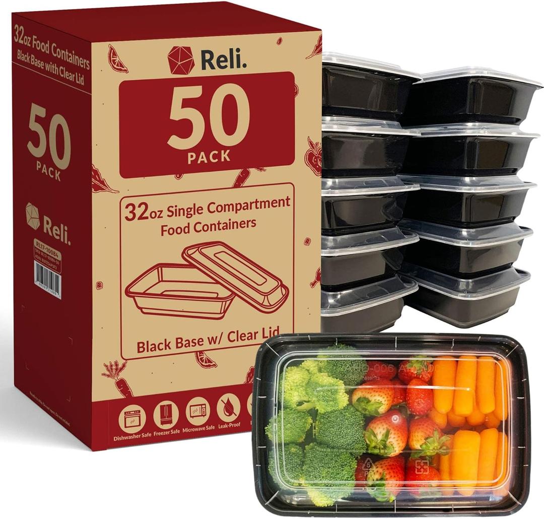Reli. Meal Prep Containers (50 Pack, 32 oz.) | 1 Compartment Food Containers with Lids | Microwavable Freezer Dishwasher Safe  Bento Box
