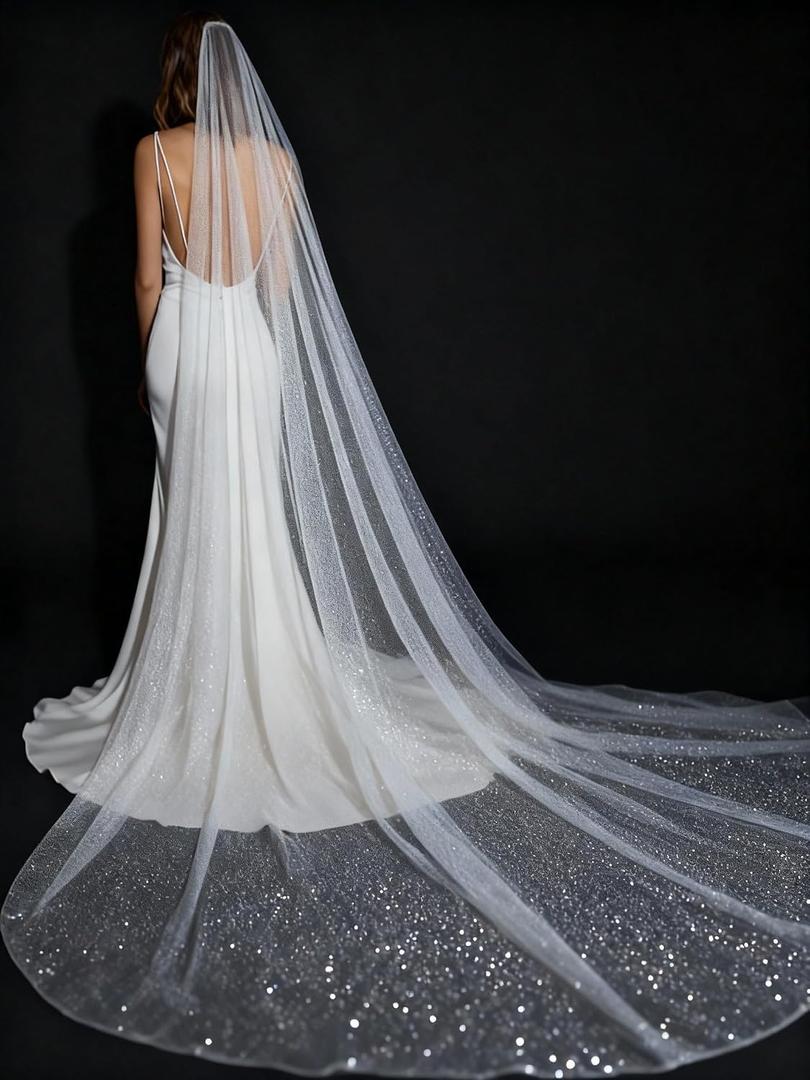 114inch Cathedral Wedding Veil Sparkle Long Glitter Bridal Veil 1 Tier Tulle Chapel Hair Accessories with Comb for Women and Bride, 114 Inches (290 cm) Long and 66 Inches (170 cm) Wide
