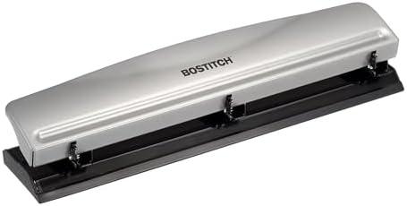 Bostitch Office Premium 3 Hole Punch, 12 Sheet Capacity, Metal, Rubber Base, Easy-Clean Tray, Silver