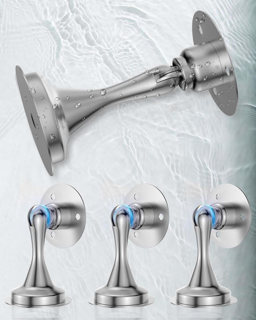 Magnetic Door Stop Holder 4 Pack - Door Stoppers Stainless Steel Heavy Duty Stops for Bottom of Door - Wall Floor Mounting No Drill Strong Adhesive & Screws Magnet Catch Keep Door Open (Silver)