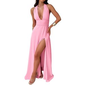 Womens Sexy Halter Deep V Neck High Side Split Long Maxi Dress | Sleeveless Backless Ruched Waist Long Dresses, X-Large, Pink