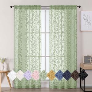 WelvetBLK Sage Green Sheer Curtains for Bedroom Living Room 72 Inches Long 2 Panels Set, Soft Airy Geometric Jacquard Clip Curtains Drapes, Modern Rod Pocket Door Curtain, 2Pcs Each 42" Wx72 L Inch
