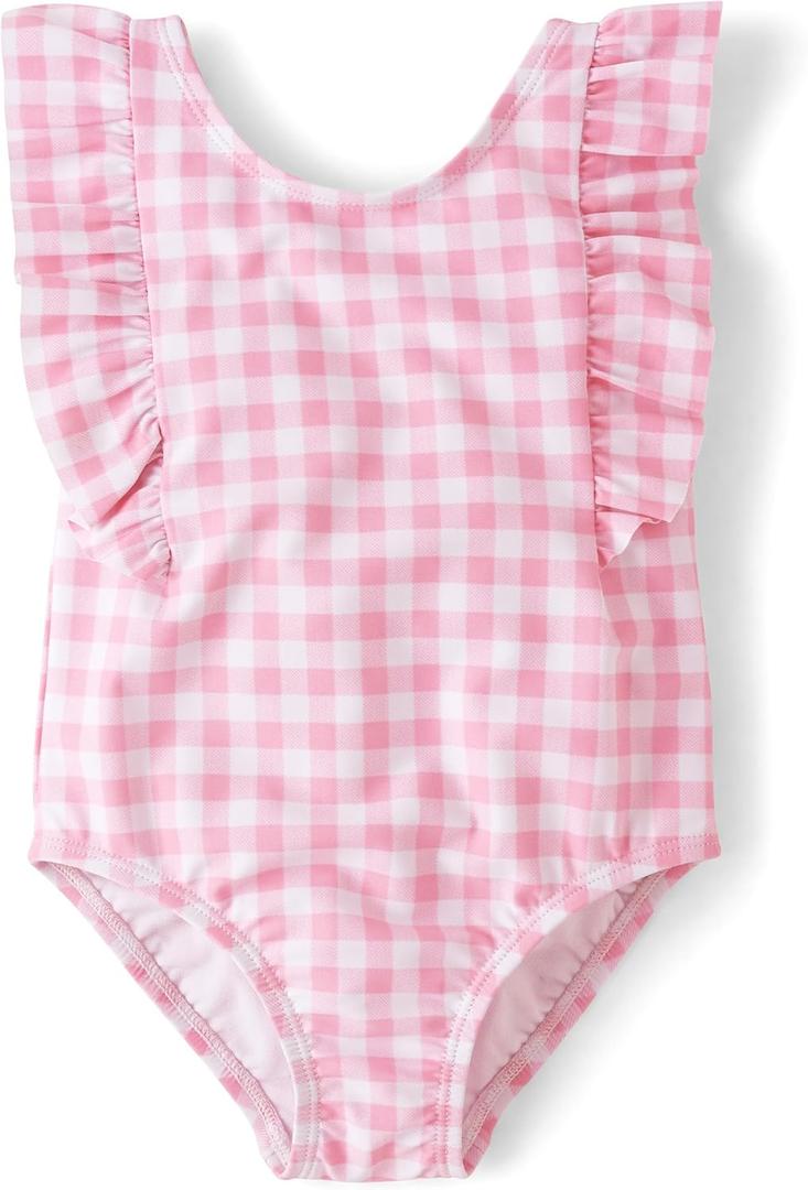 and Toddler One Piece Swimsuit (9-12 Months, Pink Gingham Ruffle)