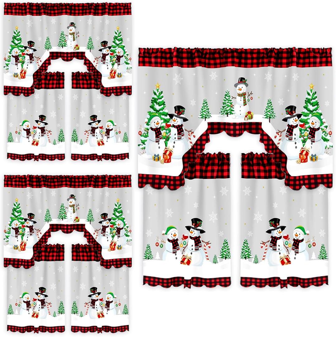 Frienda 9 Pcs Christmas Kitchen Curtains Window Curtains and Valance Set Snowman Christmas Tree Buffalo Plaid Decor for Bedroom Living Room, 60 x 36'' Valance, 36 x 30'' Tier