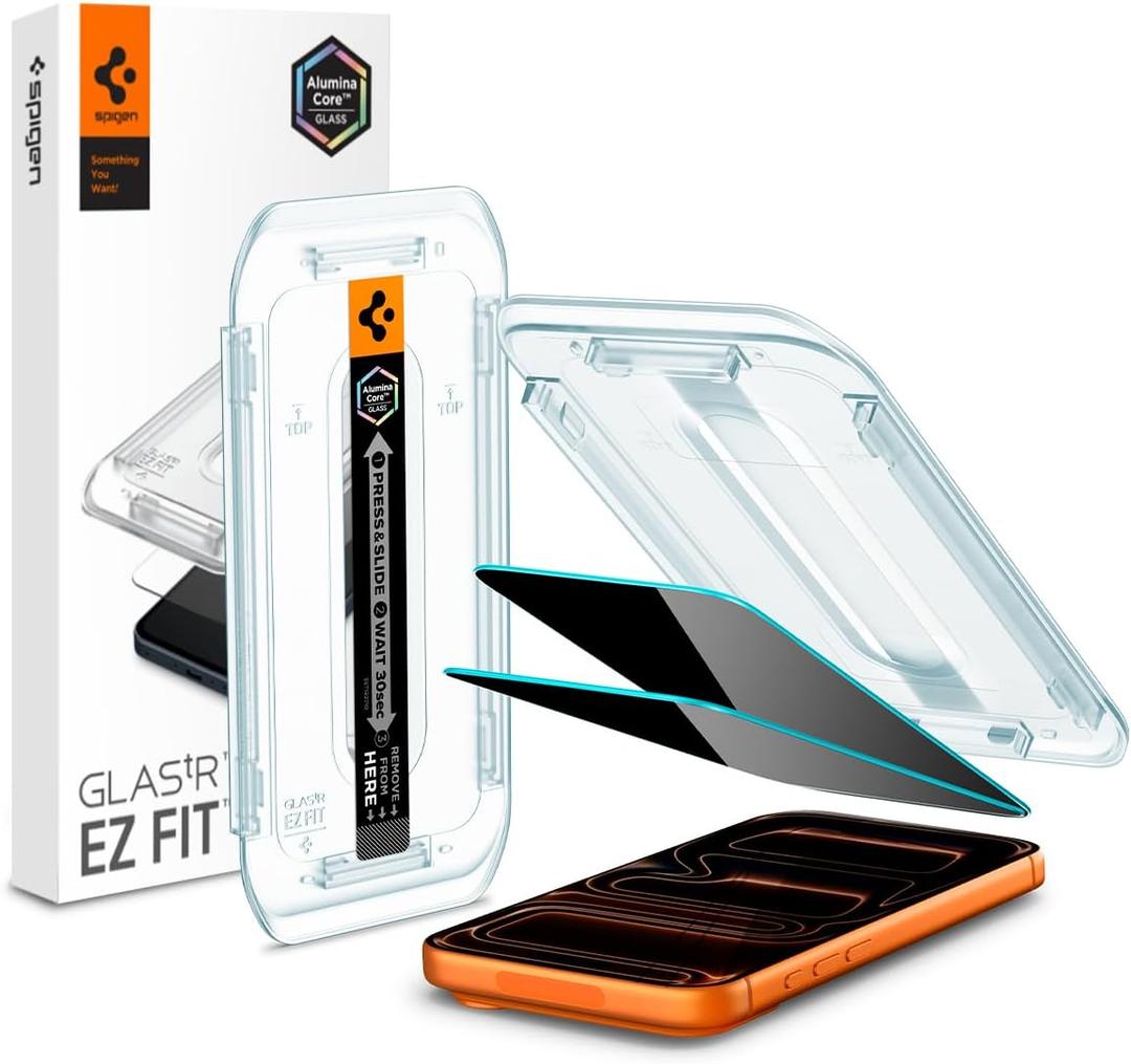 Spigen AluminaCore Tempered Glass Screen Protector [Glas.tR EZ Fit - Privacy] designed for iPhone 17 Pro Max | iPhone 16 Pro Max [2 Pack] 9H+ Hardness, Aluminum-Enhanced Durability