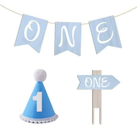 Blue 1st Birthday Decorations First Birthday Decor for Boys Wooden ONE Cake Topper & Banner & Hat & Number 1 Cake Topper & Balloons(Set)