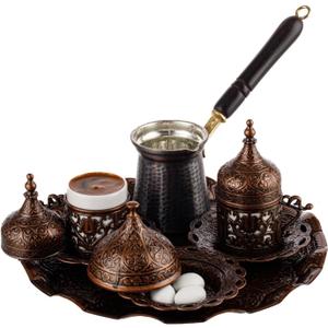 DEMMEX Turkish Greek Arabic Coffee Making and Serving Full Set with Cups Saucers Lids Sugar Bowl Tray and Copper Coffee Pot, Hand Decorated with Gold Crystals, 10 Pcs