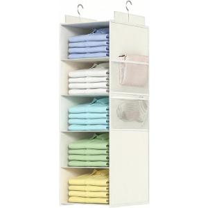 Extra Deep Hanging Closet Organizers and Storage, 5-Tier Closet Hanging Organizer with 4 Mesh Pockets, Heavy-Duty Closet Shelves for Clothes and Hats, Ideal for Dorms and RVs, 1-Pack, White