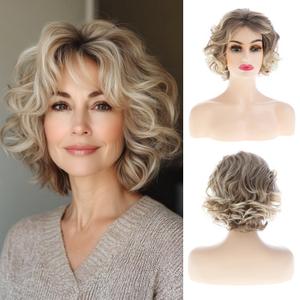 Sallcks Short Curly Wavy Blonde Wig for Women Natural Looking Synthetic Hair Costume Party Wig