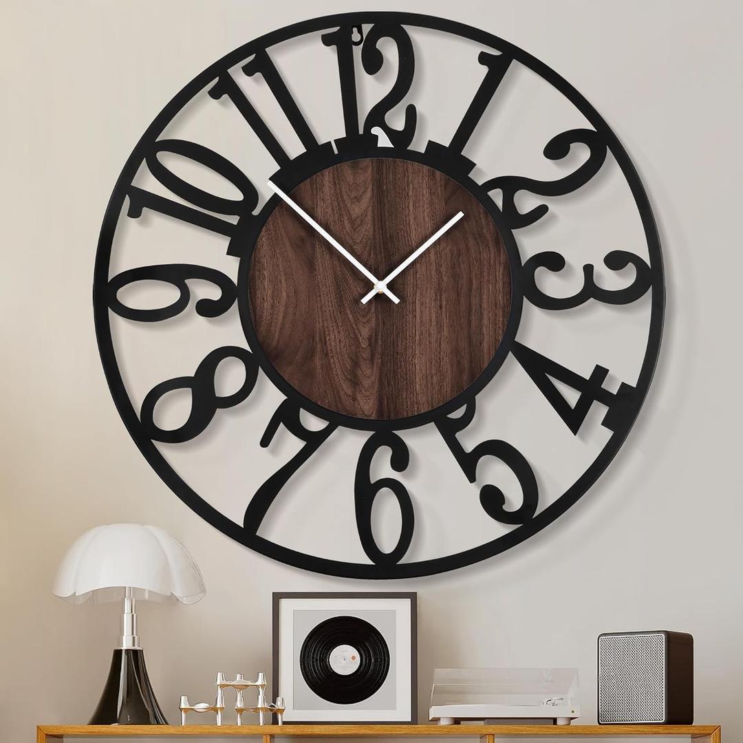 1st owned Wall Clock for Living Room -16" Silent Non Ticking,Battery Operated,Black Metal, Antique Wood Clocks for Farmhouse,Dining Room,Bedroom,Kitchen Clock Wall Decor- Arabic Numerals