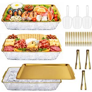3 Set Chilled Serving Trays for Parties Gold 16 x 9'' Large Cold Serving Tray with Tong Scoop for Vegetable Appetizer Shrimp Seafood Fruit