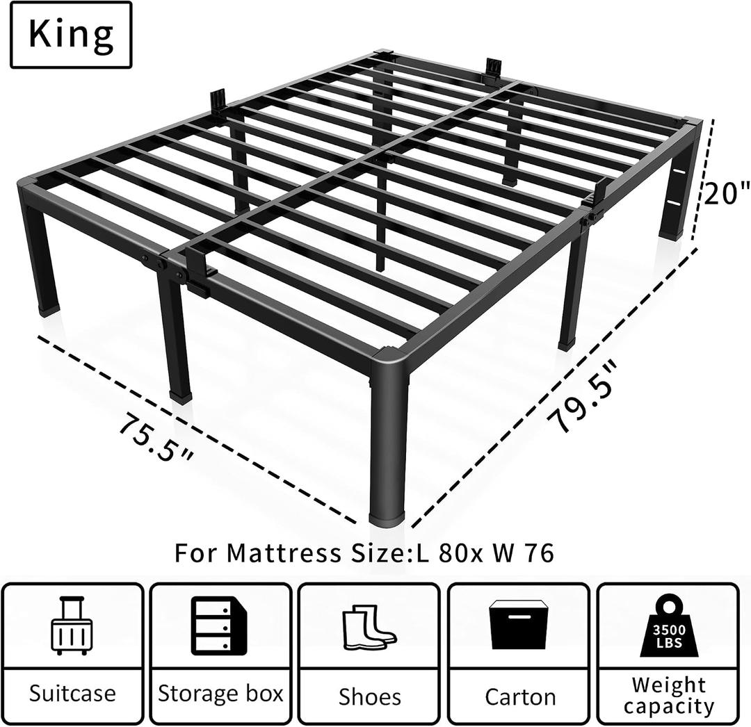ROIL 20 Inch King Bed Frame with Rounded Corner and Headboard Hole Mattress Retainers 3500LBS Metal Heavy Duty Steel Slats No Box Spring Needed Platform Noise-Free Easy Assembly