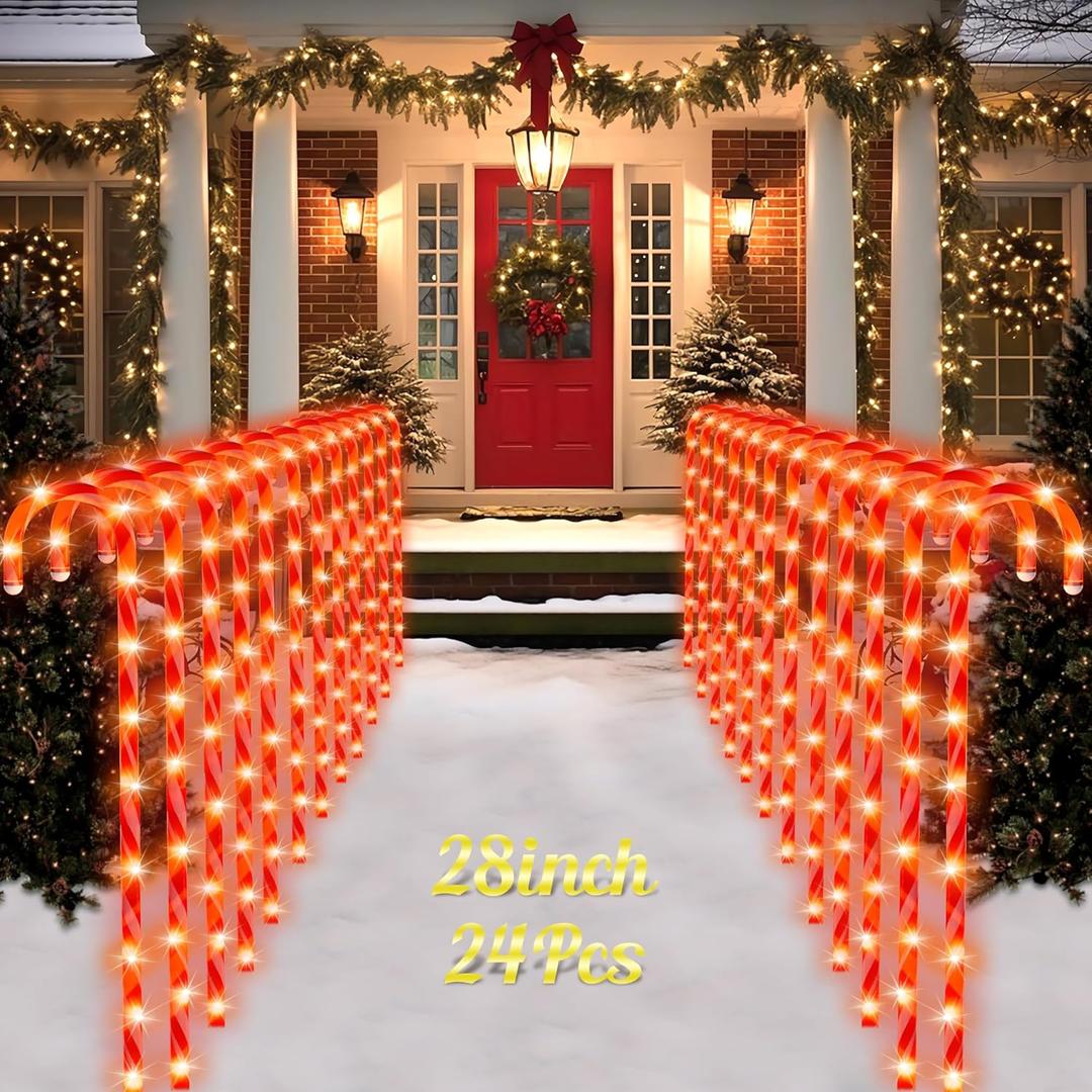 COOWUFAN 28" Christmas Candy Cane Pathway Markers Lights, Set of 24 Pack Christmas Outdoor Decorations, Waterproof Candy Cane Decor for Indoor Outside Yard Garden Patio Lawn
