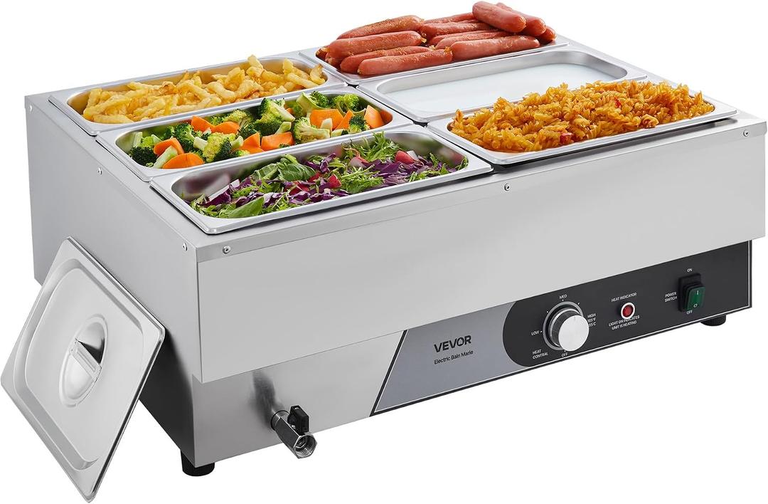 VEVOR Commercial Food Warmer, 1500W Electric Stainless Steel Steam Food Warming with Lid, Fast Heating Countertop Buffet Bain Marie with Six 1/3 Size Food Pans, for Catering, Restaurant and Party