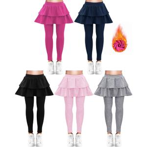 Taiyin 5 Pack Girls Leggings with Skirt Kid School Uniform Skirt Pants Ruffle Tutu Leggings for Winter Warm Clothes, Size 6-7 Years