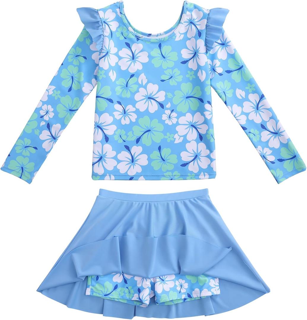 Girls Rash Guard Swimsuit Set Long Sleeve 2 Pieces Bathing Suit Swimming Skirt with Shorts, 6-7Y, Blue