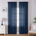 Lecloud Leia Jacquard Textured Navy Blue Sheer Curtains 96 Inches Long 2 Panels, French Door/Living Room/Bedroom Curtain with Dual Rod Pockets, Light Filtering Clip Leaf Voile Drapes, 38x96 Inches