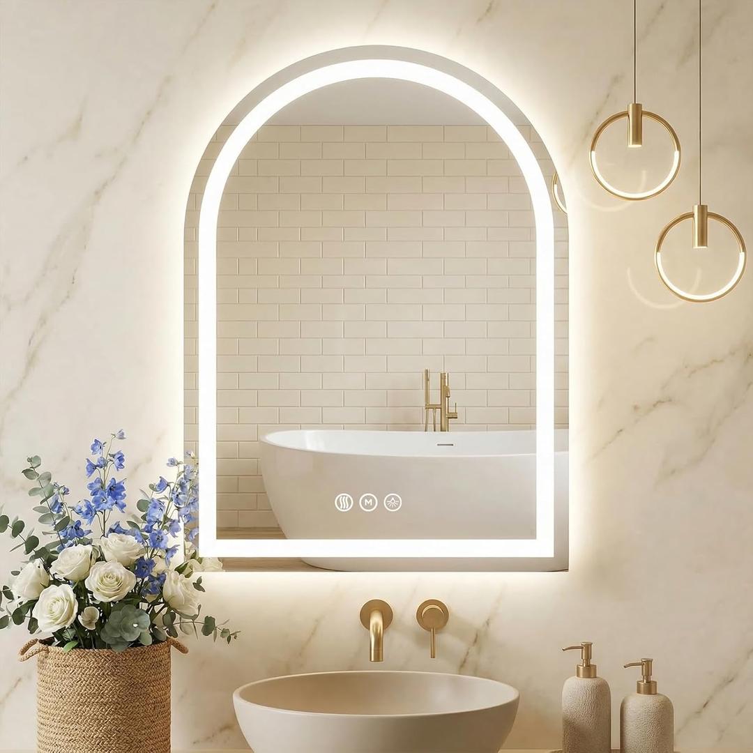 24"x36" LED Bathroom Mirror with Lights, Anti-Fog, Dimmable Backlit, Memory Function, Tempered Glass, Shatter-Proof, Lighted Vanity Mirror for Wall, Arched (White)