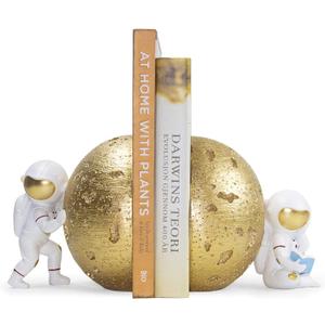 Heavy Duty Astronaut Bookends, Space-Themed Book Ends for Kids Room & Nursery Decor, Gold Moon Book Stoppers to Hold Books, Decorative Bookends for Shelves, Ideal for Boys and Girls