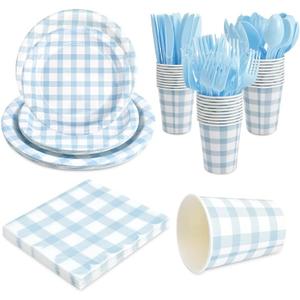 168Pcs Gingham Party Supplies for 24 Guests Thick Paper Plates and Napkins Knives Spoons Forks Cups Disposable Party Set Cutlery for Dinner Baby Shower Wedding Favor(Blue)