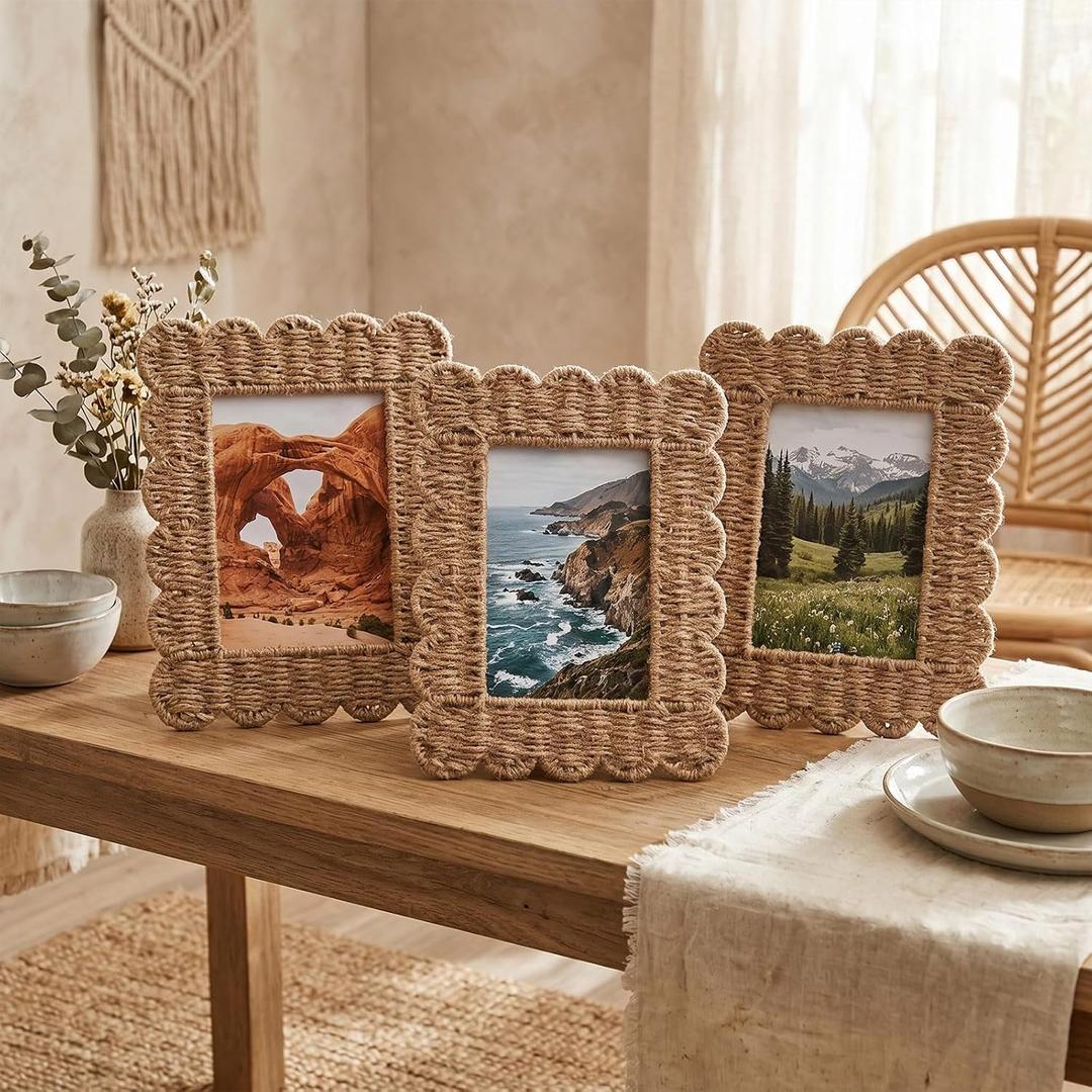 AceOrbit 3 Pcs Rattan Picture Frame 5x7 Boho Scalloped Natural Coastal Handmade Wicker Photo Frames with Woven Rope Border Glass Front Rustic Farmhouse Tabletop Wall Decor Wedding Housewarming Gift